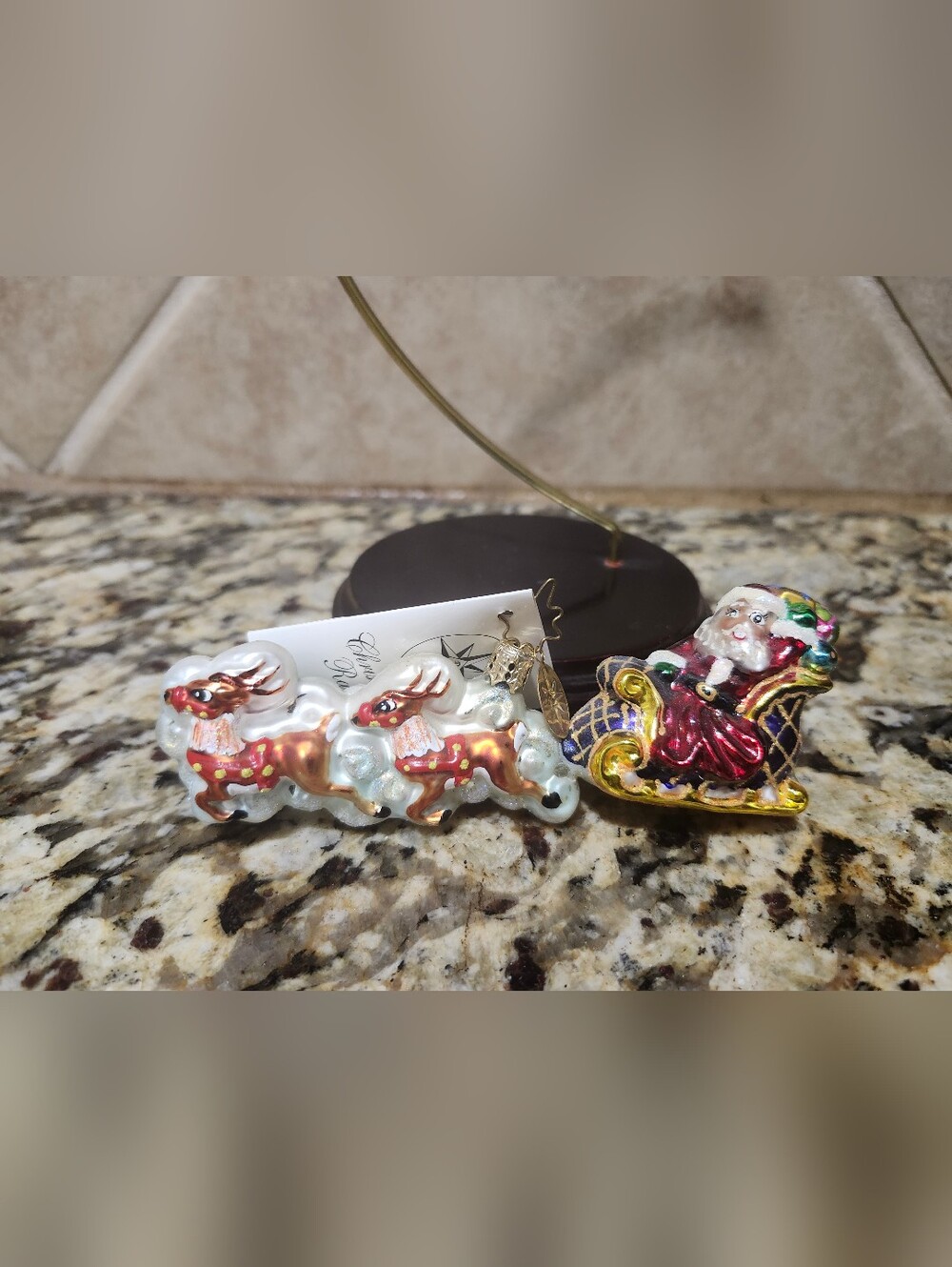 Christopher Radko Red and Gold Santa Sleigh with Reindeer Ornament Set
